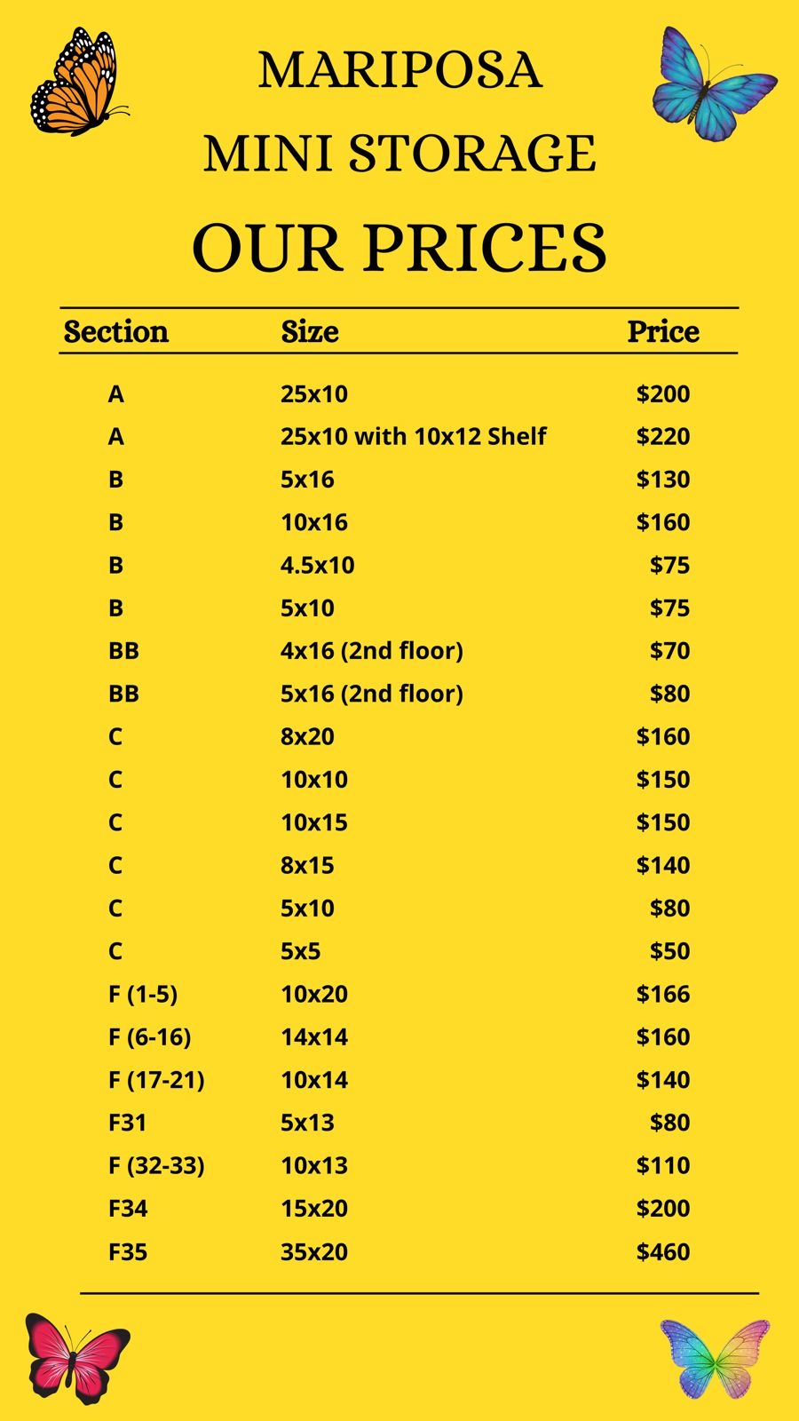 Mariposa Storage pricing rates